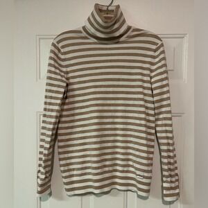 Tommy Hilfiger Sweater Womens Medium Beige Striped Long Sleeve Turtle Neck Top